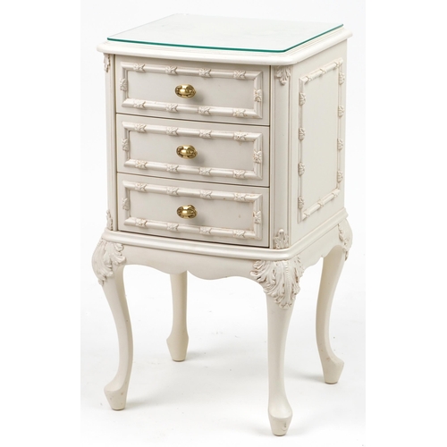 1042 - French style cream three drawer nightstand on cabriole legs, 69cm H x 37cm W x 34cm D