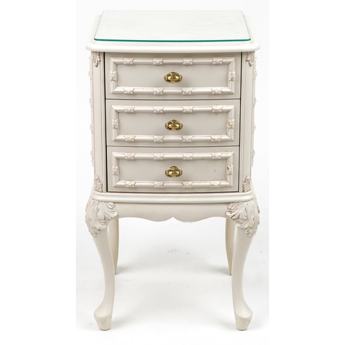 1042 - French style cream three drawer nightstand on cabriole legs, 69cm H x 37cm W x 34cm D