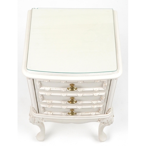 1042 - French style cream three drawer nightstand on cabriole legs, 69cm H x 37cm W x 34cm D