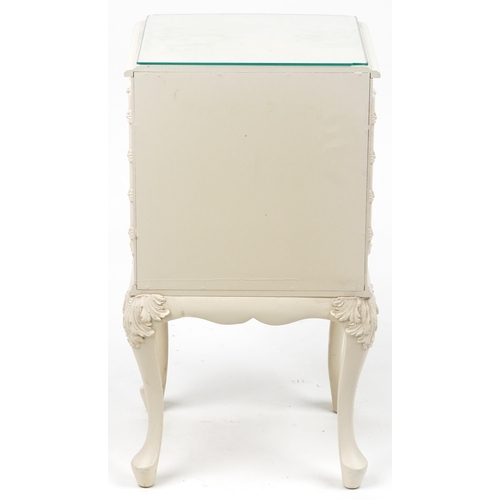 1042 - French style cream three drawer nightstand on cabriole legs, 69cm H x 37cm W x 34cm D