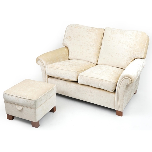 1033 - Contemporary beige upholstered two seater settee with matching footstool, 100cm H x 145cm W x 100cm ... 