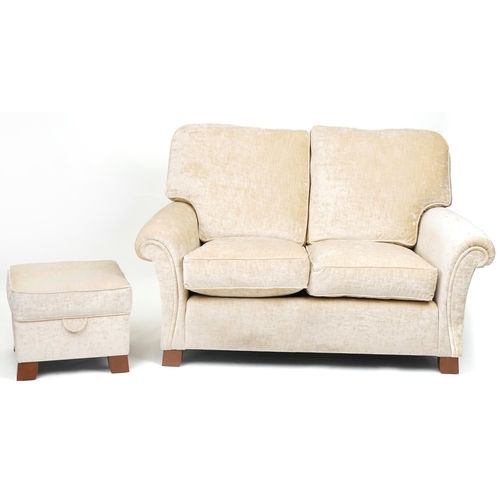 1033 - Contemporary beige upholstered two seater settee with matching footstool, 100cm H x 145cm W x 100cm ... 