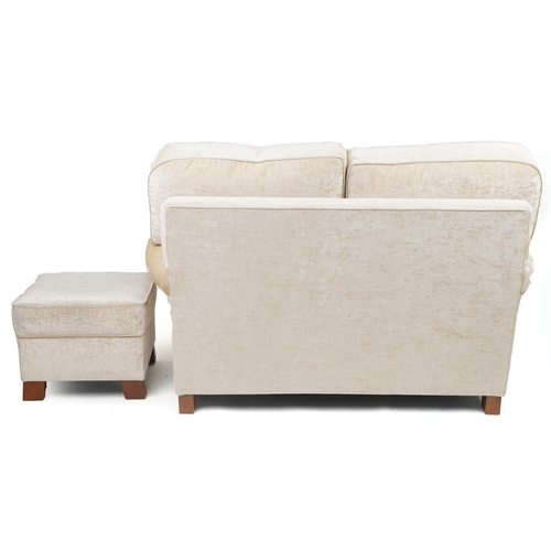 1033 - Contemporary beige upholstered two seater settee with matching footstool, 100cm H x 145cm W x 100cm ... 