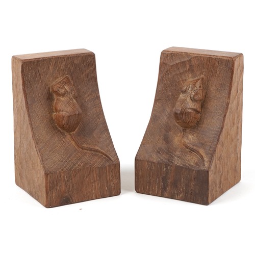 1 - Robert Mouseman Thompson, pair of adzed oak bookends, each carved with signature mouse, each 15cm hi... 