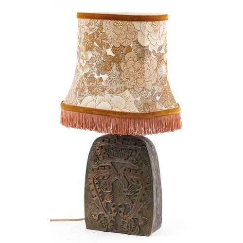 511 - Mid century style cold cast bronze table lamp with shade decorated in relief with mythical figures, ... 