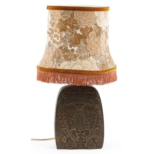 511 - Mid century style cold cast bronze table lamp with shade decorated in relief with mythical figures, ... 