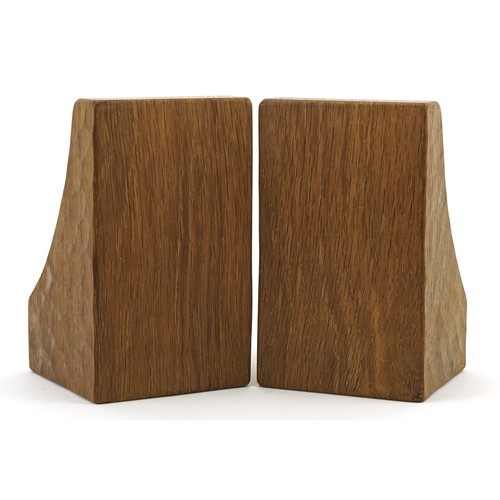 1 - Robert Mouseman Thompson, pair of adzed oak bookends, each carved with signature mouse, each 15cm hi... 