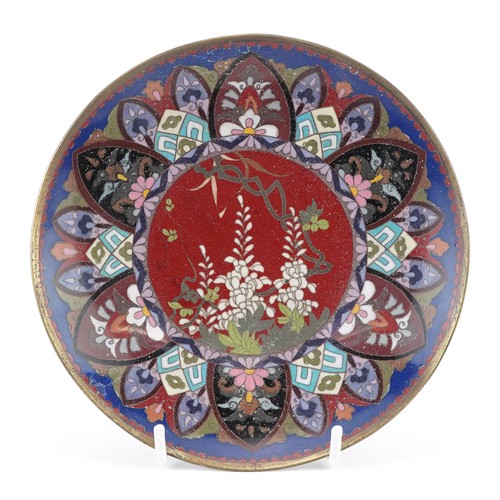 223 - Japanese cloisonne plate enamelled with flowers, 18.5cm in diameter