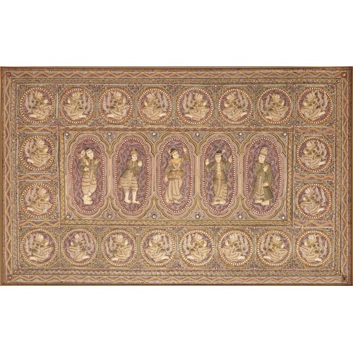 274 - Large Burmese wall hanging Kalaga textile finely embroidered with roundels of deities, mounted and f... 