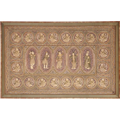 274 - Large Burmese wall hanging Kalaga textile finely embroidered with roundels of deities, mounted and f... 