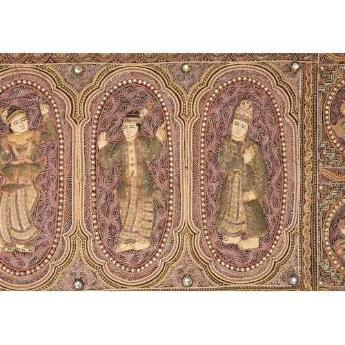 274 - Large Burmese wall hanging Kalaga textile finely embroidered with roundels of deities, mounted and f... 