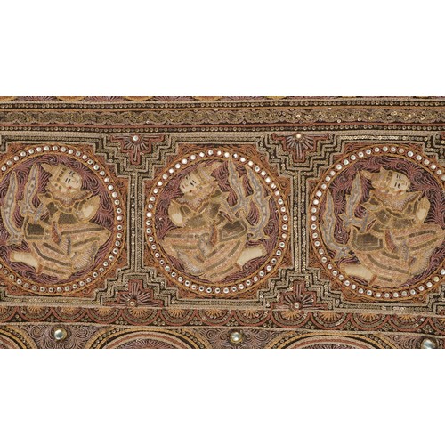 274 - Large Burmese wall hanging Kalaga textile finely embroidered with roundels of deities, mounted and f... 