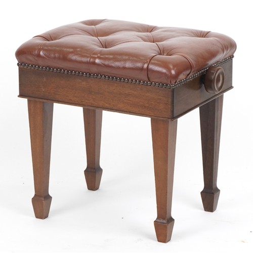 1061 - Mahagony adjustable piano stool with brown leather upholstery, 47cm H x 51cm w x 37cm D