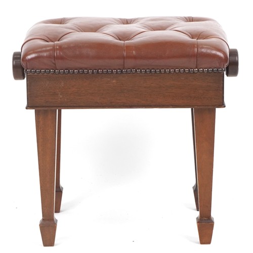 1061 - Mahagony adjustable piano stool with brown leather upholstery, 47cm H x 51cm w x 37cm D