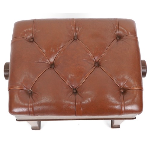 1061 - Mahagony adjustable piano stool with brown leather upholstery, 47cm H x 51cm w x 37cm D