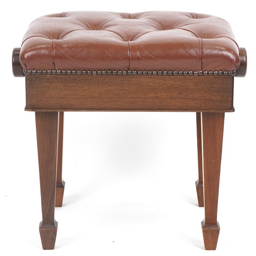 1061 - Mahagony adjustable piano stool with brown leather upholstery, 47cm H x 51cm w x 37cm D