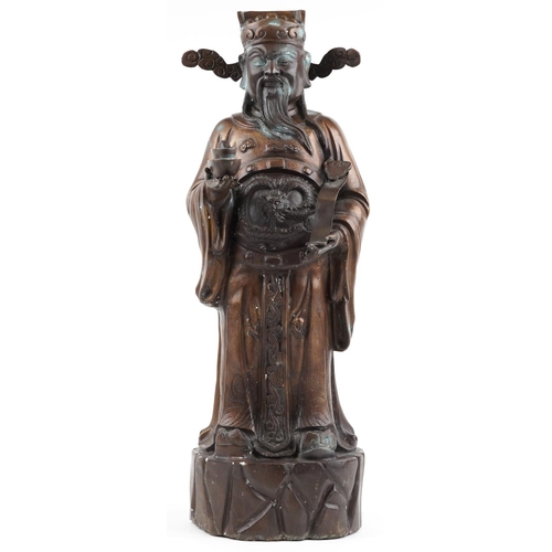 422 - Large Chinese watered bronze figure of a standing emperor holding a ruyi sceptre, 78cm high