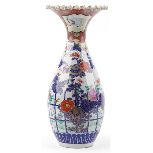 1401 - Japanese Arita porcelain vase with frilled rim hand painted with flowers, 55cm high