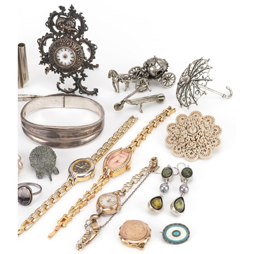 2788 - Vintage and later jewellery and objects including 800 grade silver strut clock, silver cabochon Blue... 