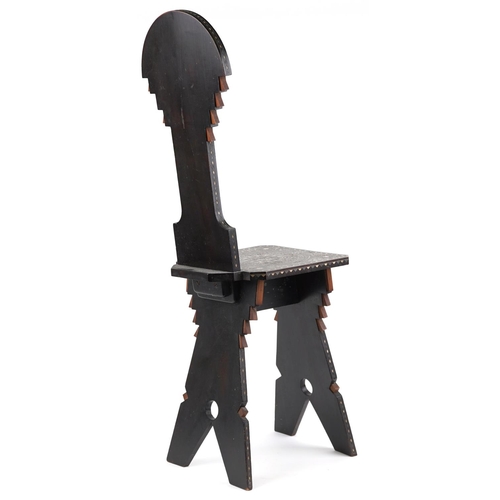 1101 - 19th century Northern Italy hardwood chair with metal and bone foliate inlay, 101cm high