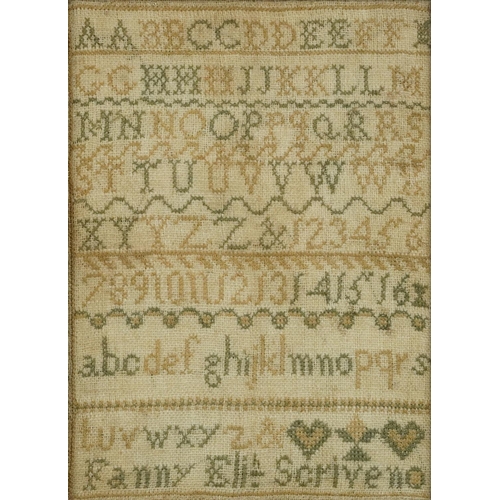 433 - 19th century needlework sampler worked by Fanny Soriven, framed and glazed, 26.5cm x 19.5cm excludin... 