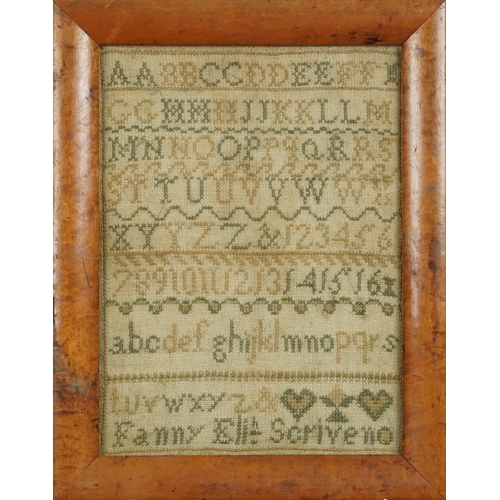 433 - 19th century needlework sampler worked by Fanny Soriven, framed and glazed, 26.5cm x 19.5cm excludin... 