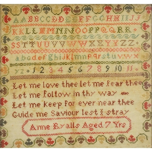 431 - 19th century needlework sampler worked by Anne Ryalle aged 7 years, framed and glazed, 28.5cm x 27.5... 