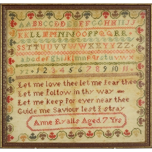 431 - 19th century needlework sampler worked by Anne Ryalle aged 7 years, framed and glazed, 28.5cm x 27.5... 