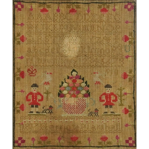 437 - 19th century needlework sampler dated 1817, indistinctly worked with name, possibly Maria ...?, fram... 