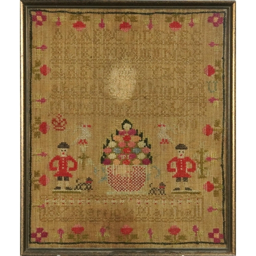 437 - 19th century needlework sampler dated 1817, indistinctly worked with name, possibly Maria ...?, fram... 