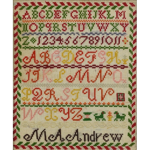 435 - Needlework sampler worked by M A Andrew, framed and glazed, 31.5cm x 26cm excluding the frame