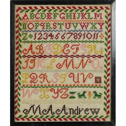 435 - Needlework sampler worked by M A Andrew, framed and glazed, 31.5cm x 26cm excluding the frame