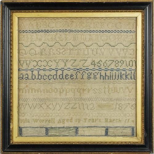 432 - Victorian needlework sampler worked by Julia Worrell aged 10 years, March 11th 1875, mounted, framed... 