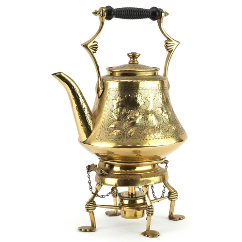 446 - European Secessionist brass teapot on stand with burner, engraved and embossed with birds amongst fl... 