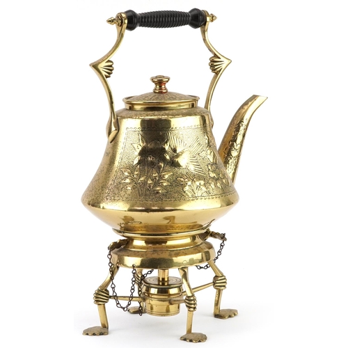 446 - European Secessionist brass teapot on stand with burner, engraved and embossed with birds amongst fl... 