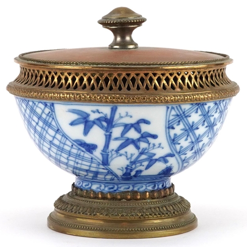 219 - Japanese Nabeshima blue and white porcelain bowl with gilt brass mounts, 11.5cm high