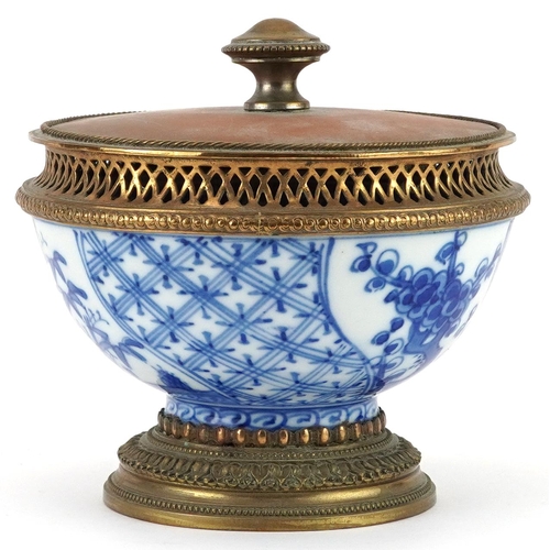 219 - Japanese Nabeshima blue and white porcelain bowl with gilt brass mounts, 11.5cm high