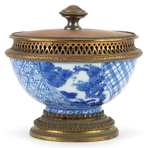 219 - Japanese Nabeshima blue and white porcelain bowl with gilt brass mounts, 11.5cm high