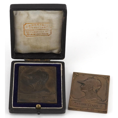 1685 - Two Art Nouveau Tunstall Photo Society bronzed medallions including one housed in a J A Restall fitt... 