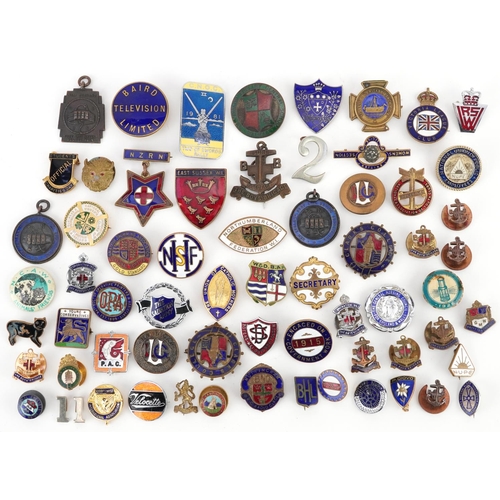 1694 - Collection of vintage and later pin badges, predominantly enamel, including Baird Television Limited... 