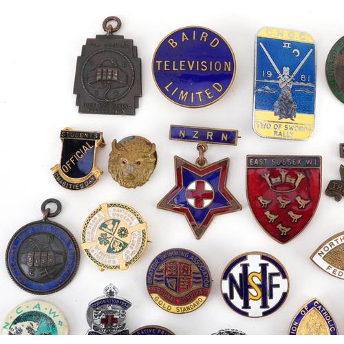 1694 - Collection of vintage and later pin badges, predominantly enamel, including Baird Television Limited... 