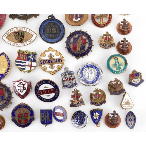 1694 - Collection of vintage and later pin badges, predominantly enamel, including Baird Television Limited... 