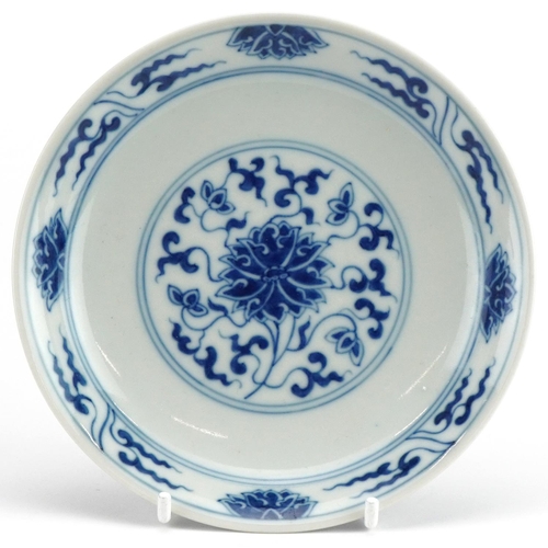 335 - Chinese blue and white porcelain dish hand painted with flowers, six figure character marks to the r... 