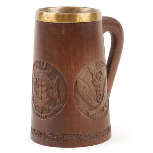 647 - Good military interest treen trench art tankard with brass liner engraved with The Royal Sussex Regi... 