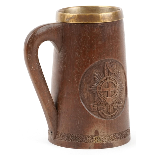 647 - Good military interest treen trench art tankard with brass liner engraved with The Royal Sussex Regi... 