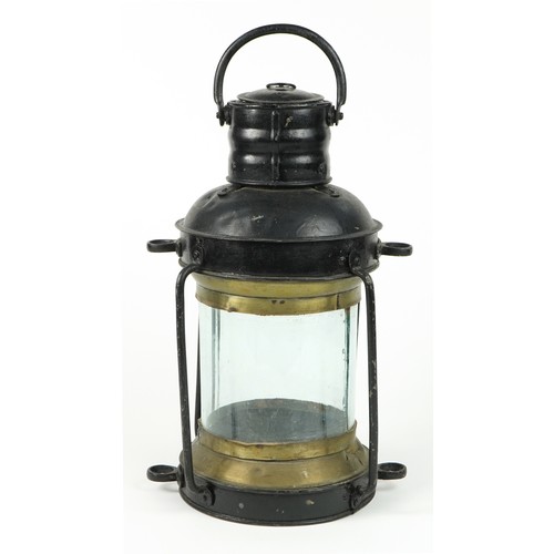 185 - Antique shipping interest ship's hanging lantern with glass panel, 42cm high excluding the handle