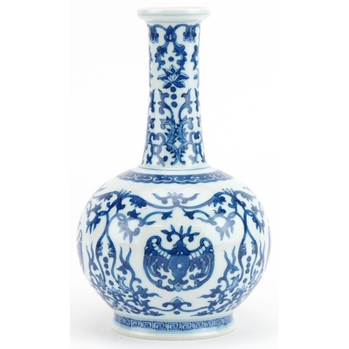 551 - Chinese blue and white porcelain vase hand painted with stylised bats amongst scrolling foliage, six... 