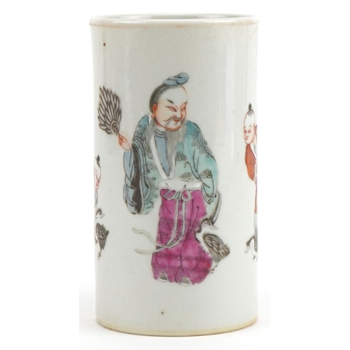 570 - Chinese porcelain cylindrical brush pot hand painted in the famille rose palette with an emperor and... 