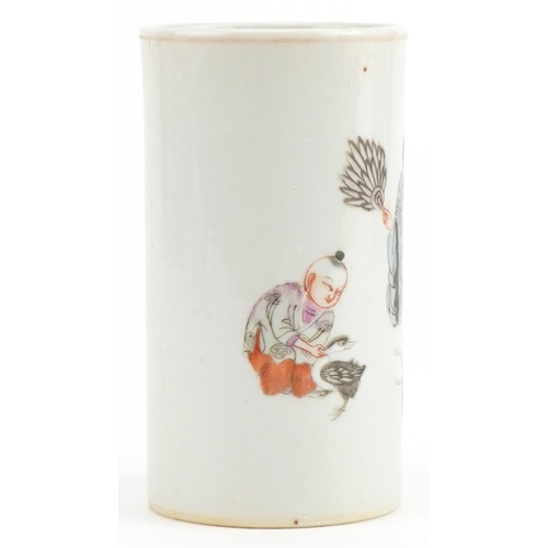 570 - Chinese porcelain cylindrical brush pot hand painted in the famille rose palette with an emperor and... 