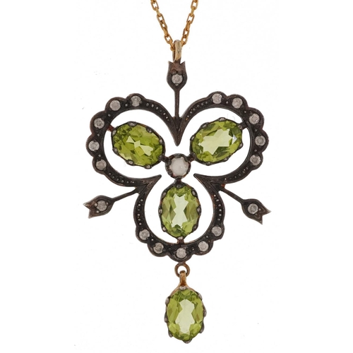 2098 - Art Nouveau style 9ct gold and silver pendant set with diamonds, peridots and seed pearls on a 9ct g... 